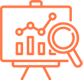 Data analysis icon with chart and magnifying glass.